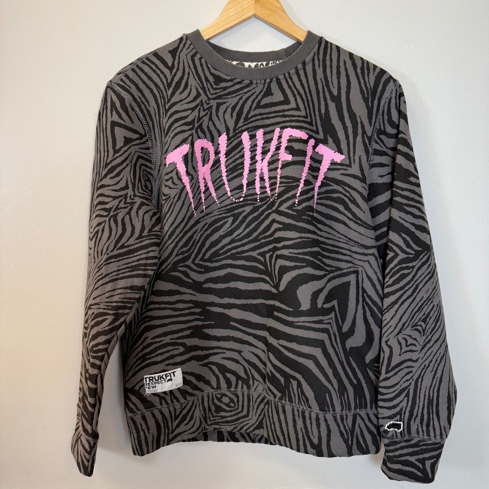 TRUKFIT Womens Medium Zebra Print Crew Neck Sweatshirt Gray Pink Graphic Popover